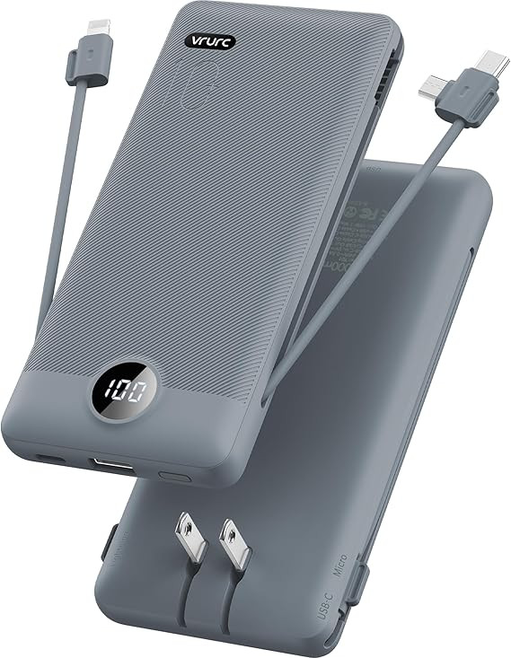 VRURC Portable Charger Built-in Cables and AC Wall Plug, USB C Power Bank 10000mAh, Portable Phon... | Amazon (US)