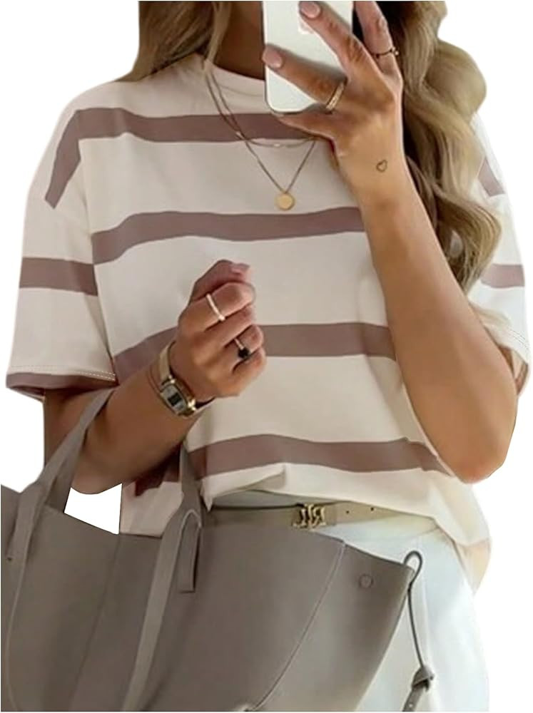 GORGLITTER Women's Striped Short Sleeve Shirts Casual Striped Crewneck Loose Tops Tee Shirt | Amazon (US)