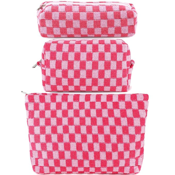 ZLFSRQ 3Pcs Makeup Bag Checkered Cosmetic Bag Set Travel Toiletry Bags for Purse Large Small Make... | Amazon (US)