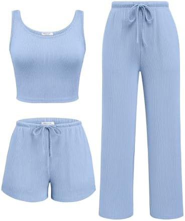 Ekouaer Women's 3 Piece Lounge Set Soft Twisted Rib Knit Summer Vacation Outfits Crop Top Shorts ... | Amazon (US)
