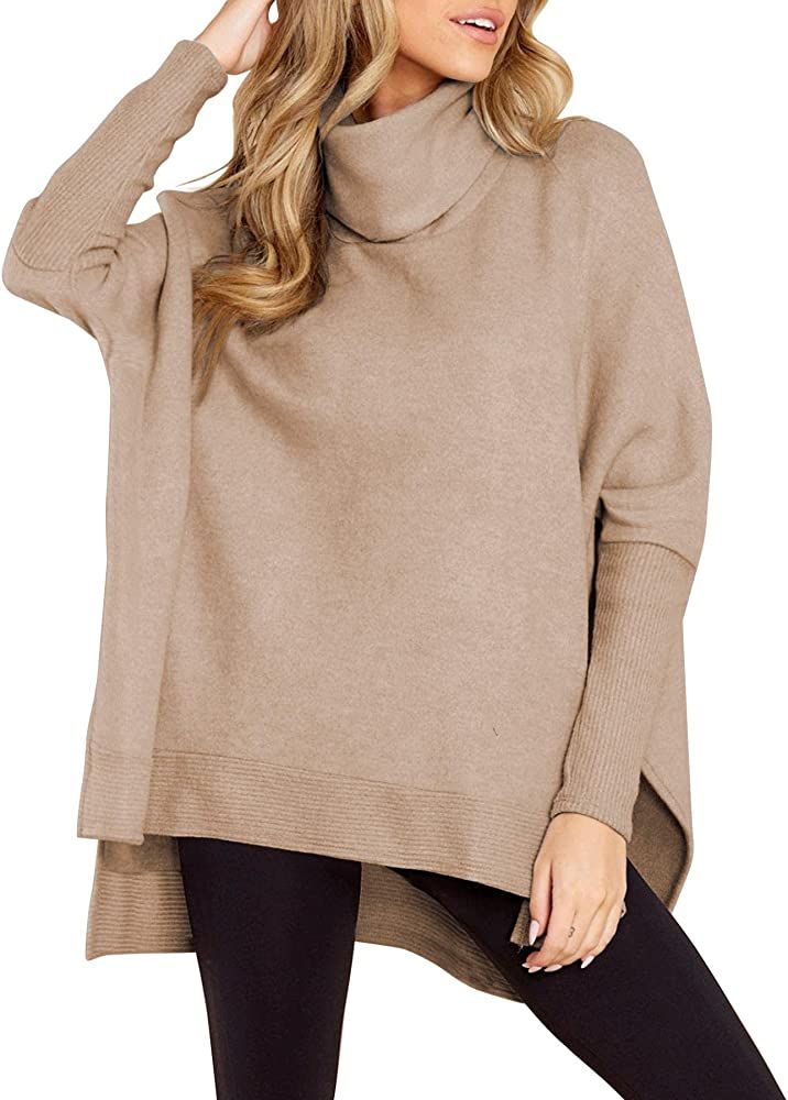 AVIVATINO Women's Turtleneck Oversized Sweaters Batwing Long Sleeve High Low Split Hem Knit Pullover | Amazon (US)