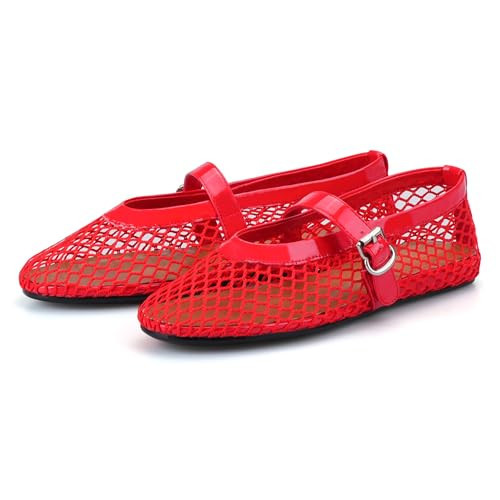 Adrizzlein Mesh Ballet Flats for Women RED Ballerina Flats Buckle Strap Mesh Ballet Shoes Wide Width Fishnet Casual Summer Dress Flat Shoes RED Size 9.5 | Amazon (US)