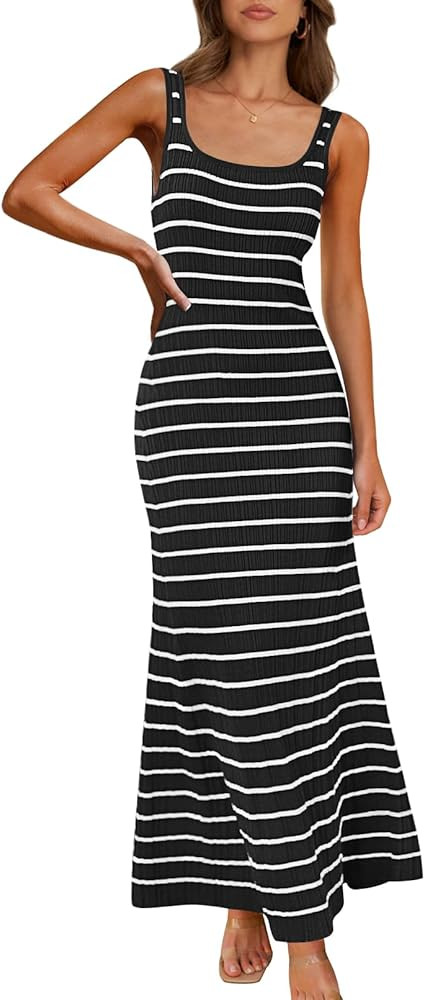 MEROKEETY Women's 2025 Sleeveless Summer Tank Dress Striped Bodycon Maxi Dress Square Neck Ribbed... | Amazon (US)