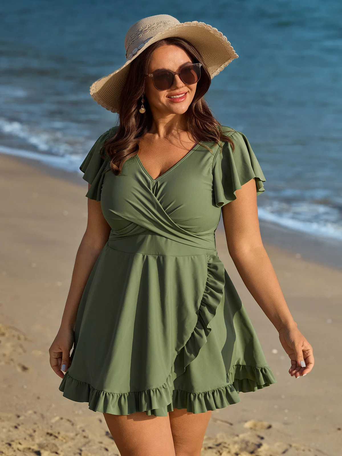 Ruffled Sleeve Curvy Hem Swim Dress | Bloomchic