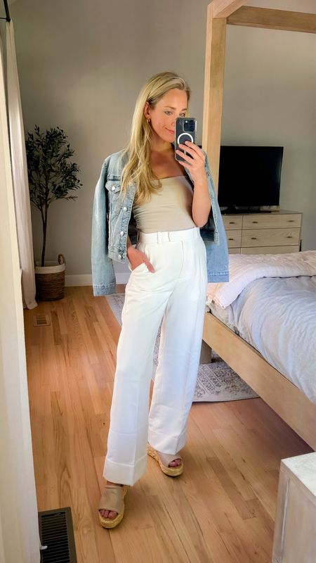 White Wide leg pants tailored pants dressy paint abercrombie pants abercrombie and fitch trousers tube top strapless top sandals wedges platform wedge dolce vita sandals denim jacket jean jacket date night outfit office outfit workwear 

#LTKFindsUnder100 #LTKFindsUnder50 #LTKWorkwear