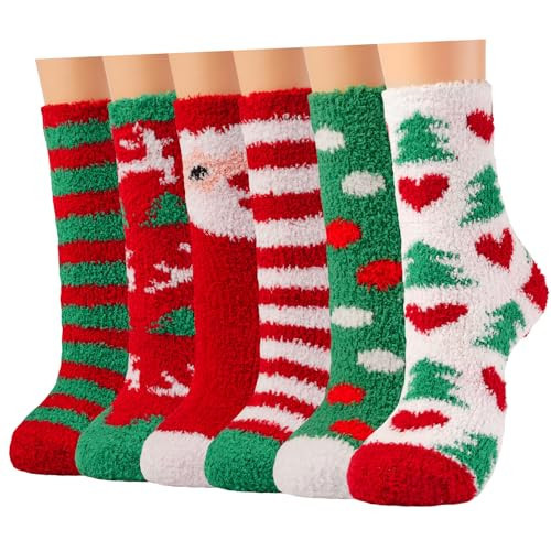 Plush Slipper Socks Women - Christmas Warm Fuzzy Crew Socks Cozy Soft 6 Pairs for Winter Indoor | Amazon (US)