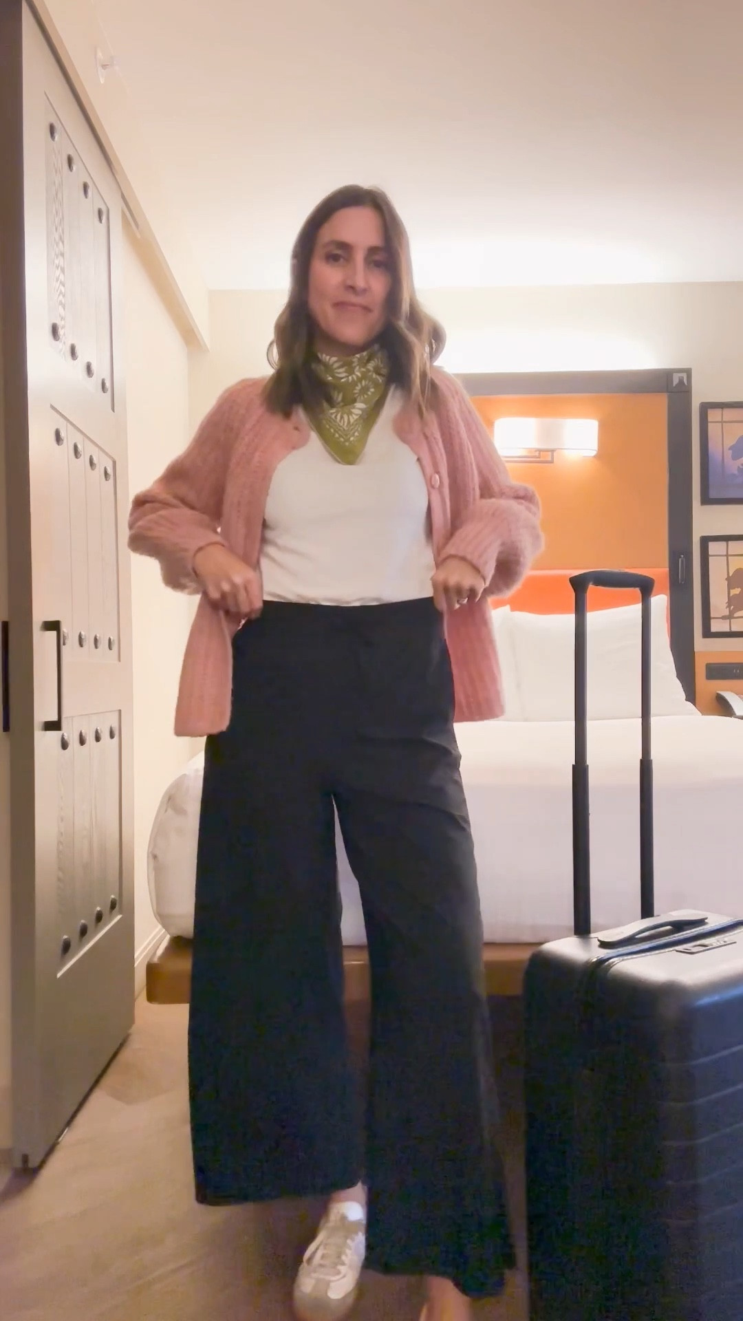 My new travel uniform! 

Travel outfit 
Best travel pants (wearing size small)
Neck scarf 
Sezane cardigan - size CS

#LTKOver40 #LTKTravel #LTKmomlife