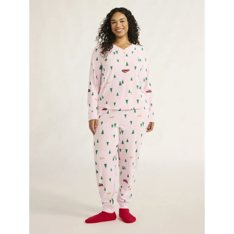 Joyspun Women's Velour Waffle Henley Sleep Top, Jogger Pants and Socks Pajama Set, 3-Piece, Sizes... | Walmart (US)