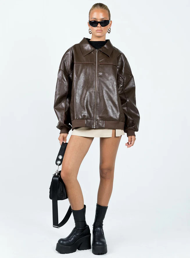 Goldsmith Faux Leather Bomber Jacket Brown | Princess Polly US