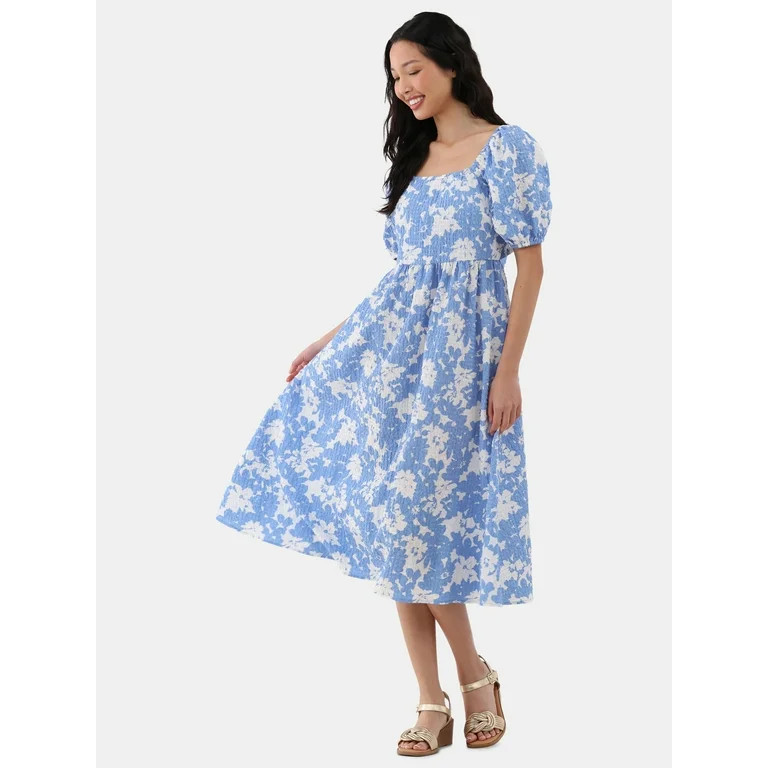 Time and Tru Women's and Women's Plus Back Tie Midi Dress with Puff Sleeves, Sizes XS-XXXL | Walmart (US)