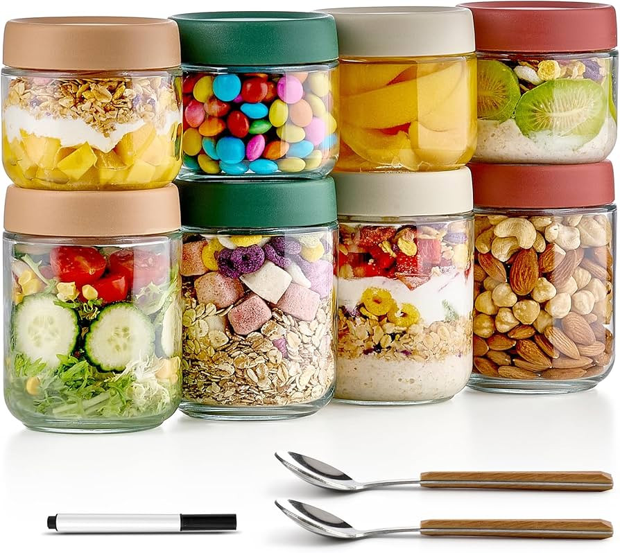 8 Pack Overnight Oats Containers with Lids, Large & Small Glass Mason Jars 16oz & 10 oz, Breakfas... | Amazon (US)