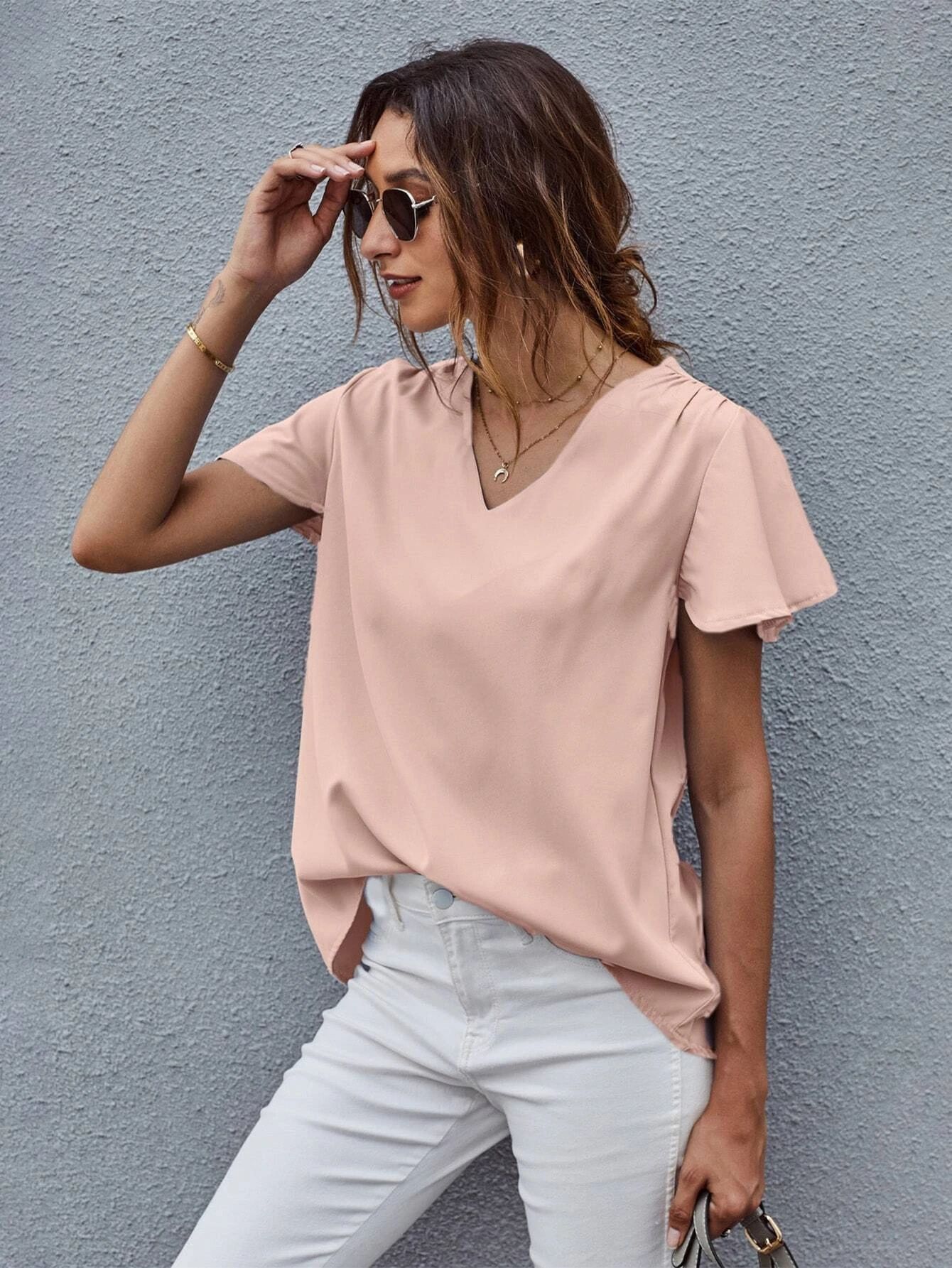 V-neck Curved Hem Blouse | SHEIN