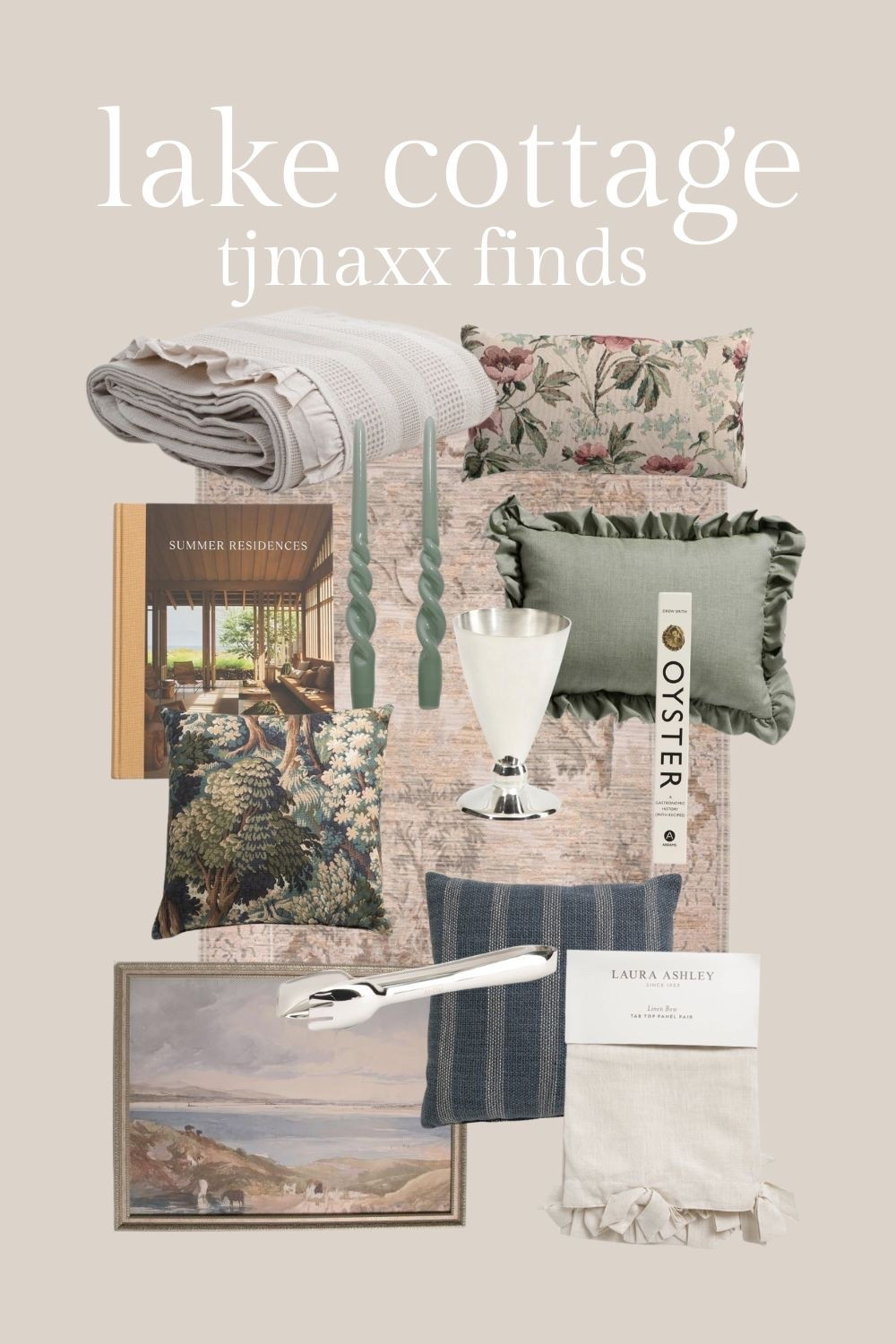 Summer lake cottage vibes from TJMaxx and Marshall’s. Rugs, vintage art, bedding, quilts, curtains, throw pillows, coastal home decor, tapestry pillows.