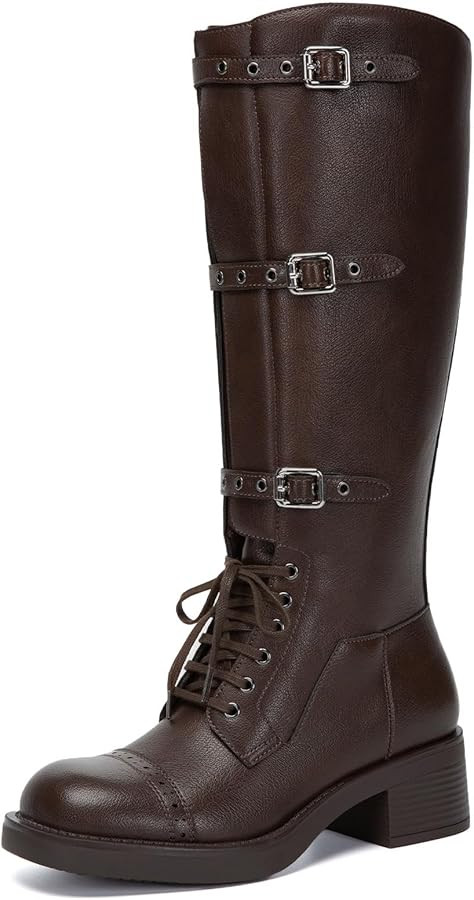 Athlefit Women's Knee High Boots Wide Calf Buckle Riding Boots Square Toe Lace Up Chunky Low Heel... | Amazon (US)
