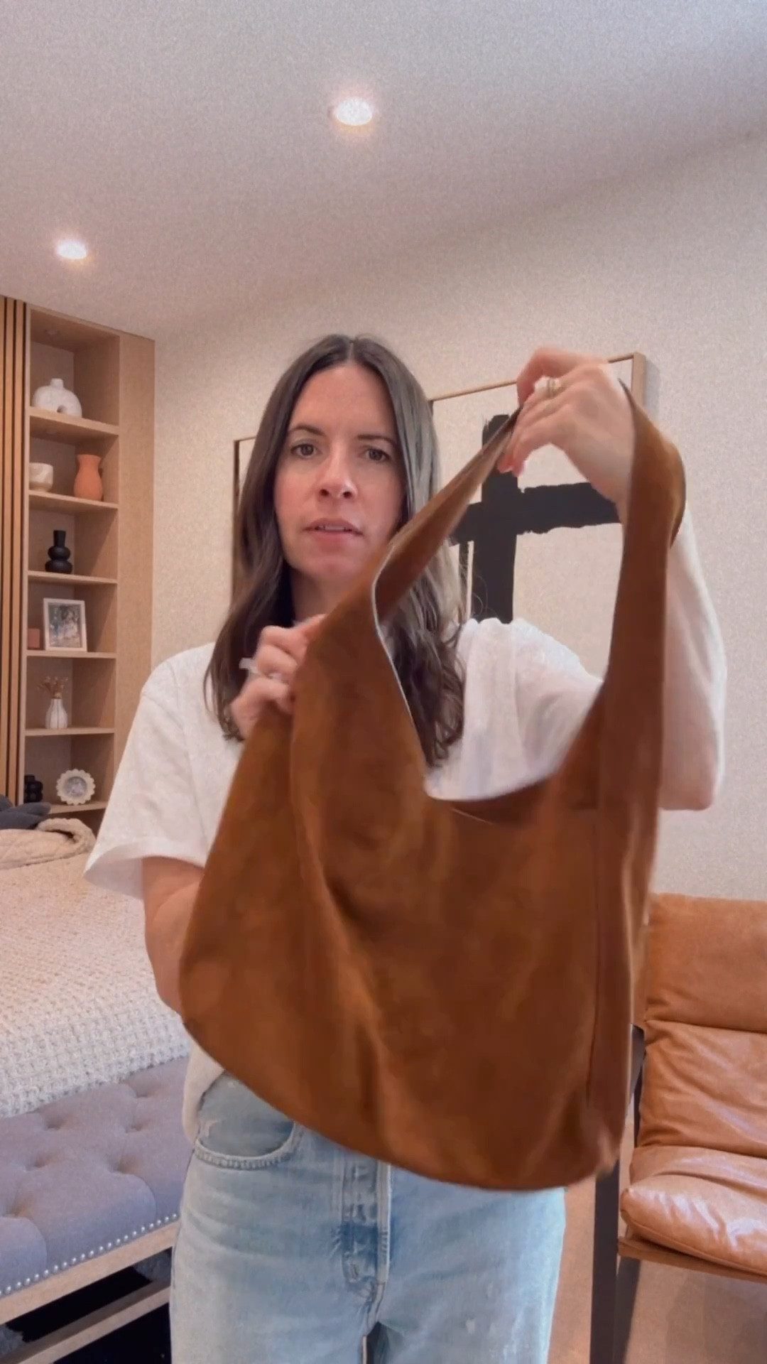 Holiday Gift idea for a mom, sister or bestie! This suede handbag from Quince. Comes in 6 colors. This is the Whiskey color. 