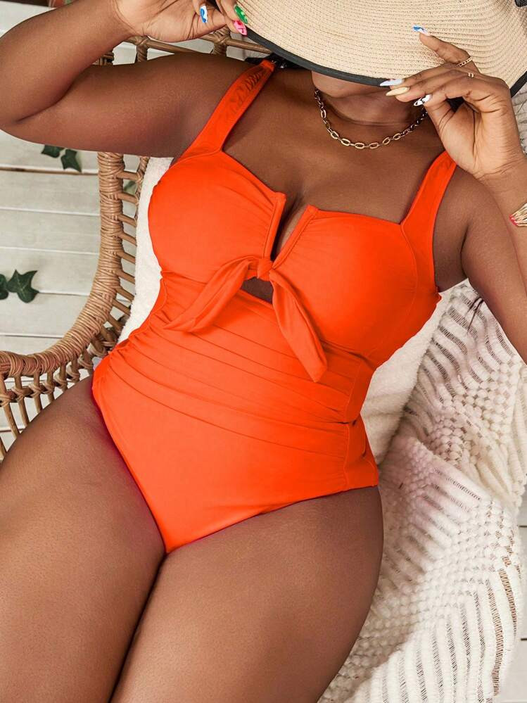 Slaydiva Plus Size Women V-Neck Cinch Waist One-Piece Swimsuit, Pleated Tummy Control, Sexy & Slimming, For Nightclub Party, Casual Holiday For Summer Beach Vacation | SHEIN