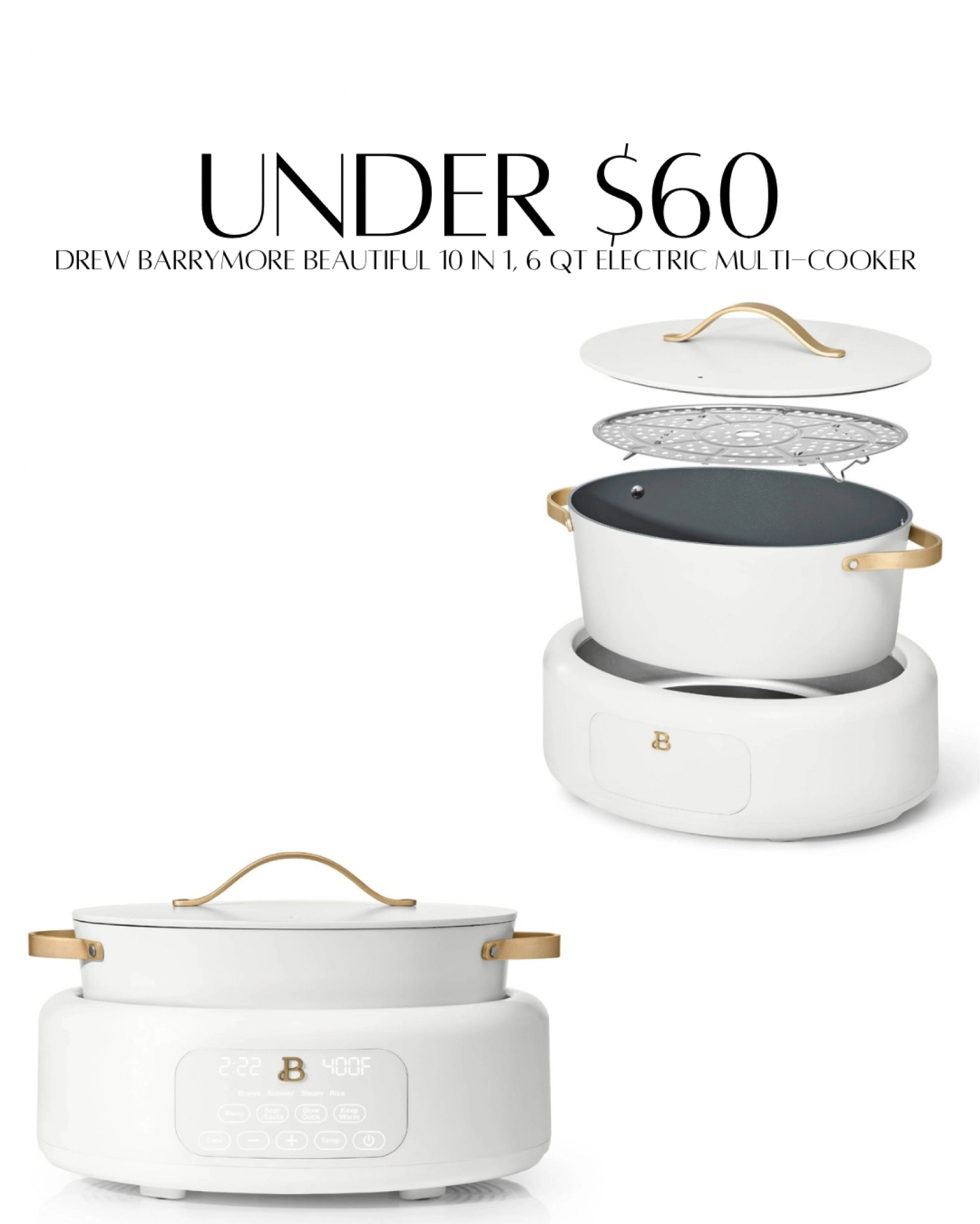 Beautiful 10 in 1, 6 Qt Electric Multi-Cooker, White Icing by Drew Barrymore under $60! 

#LTKSpringSale #LTKFindsUnder100 #LTKHome