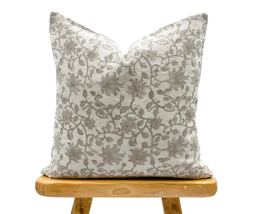 Designer Grey Beige Floral Design on Natural Linen Pillow Cover, Beige soft grey Pillow cover, Bo... | Etsy (US)