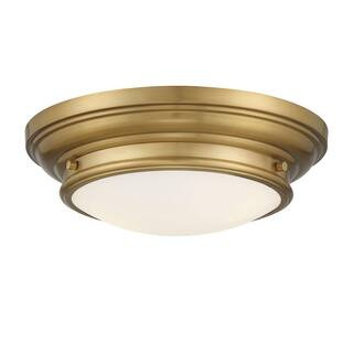 13 in. W x 4.50 in. H 2-Light Natural Brass Outdoor Flush Mount Light with White Glass Round Shad... | The Home Depot