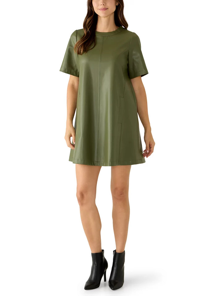 Women's Elbow Sleeve Vegan Leatheer Trapeze Dress | Belk