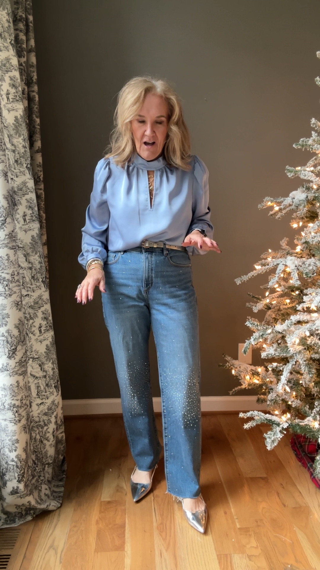 Blouse size medium
Jeans size 8/29
Jewelry 20% off code NANETTE20

Holiday party outfit Christmas outfit NYE blue satin blouse light blue blouse rhinestone embellished jeans loft jeans silver shoes 

#LTKFindsUnder50 #LTKSaleAlert #LTKHoliday
