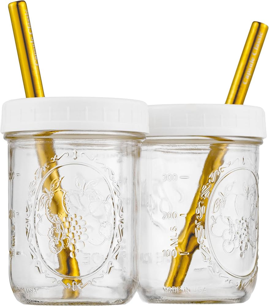 Reusable Wide Mouth Smoothie Cups for Boba Tea/Bubble Tea with Lids and Gold Straws, Mason Jars G... | Amazon (US)
