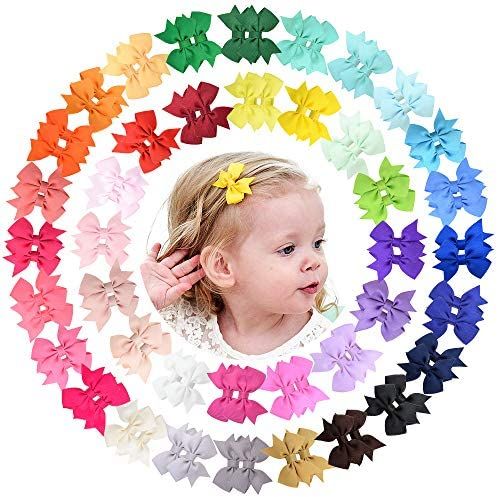 80PCS 2'' Baby Girls Fully Lined Grosgrain Boutique Solid Color Ribbon Mini Hair Bows Clips for Teen | Amazon (US)