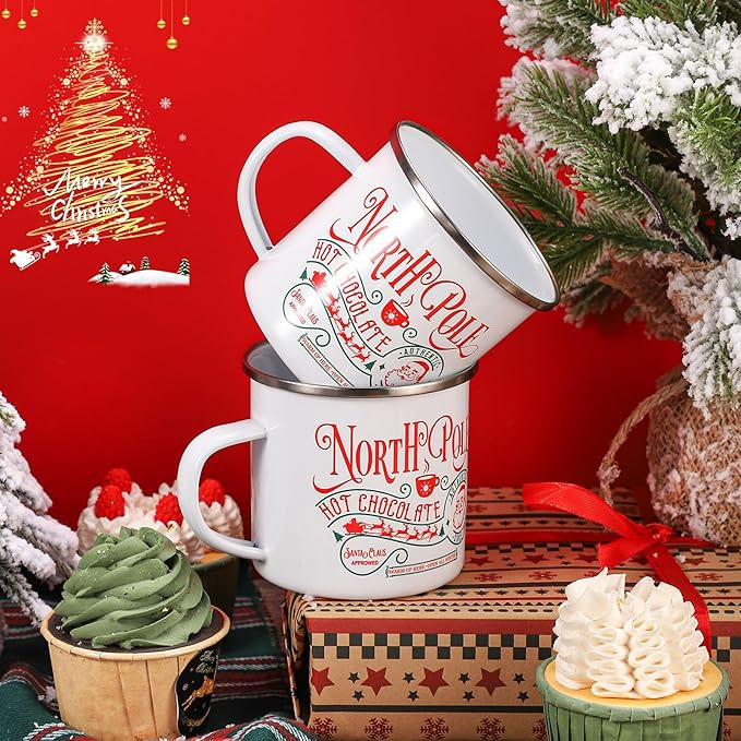 2 Pack Christmas Enamel Mug, 12 oz North Pole Christmas Mugs Hot Chocolate Mug Set Santa Claus En... | Amazon (US)