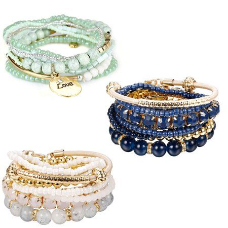 Finrezio 3 Sets Bohemian Beaded Bracelets for Women Multilayer Stretch Stackable Bracelet Set Multic | Walmart (US)