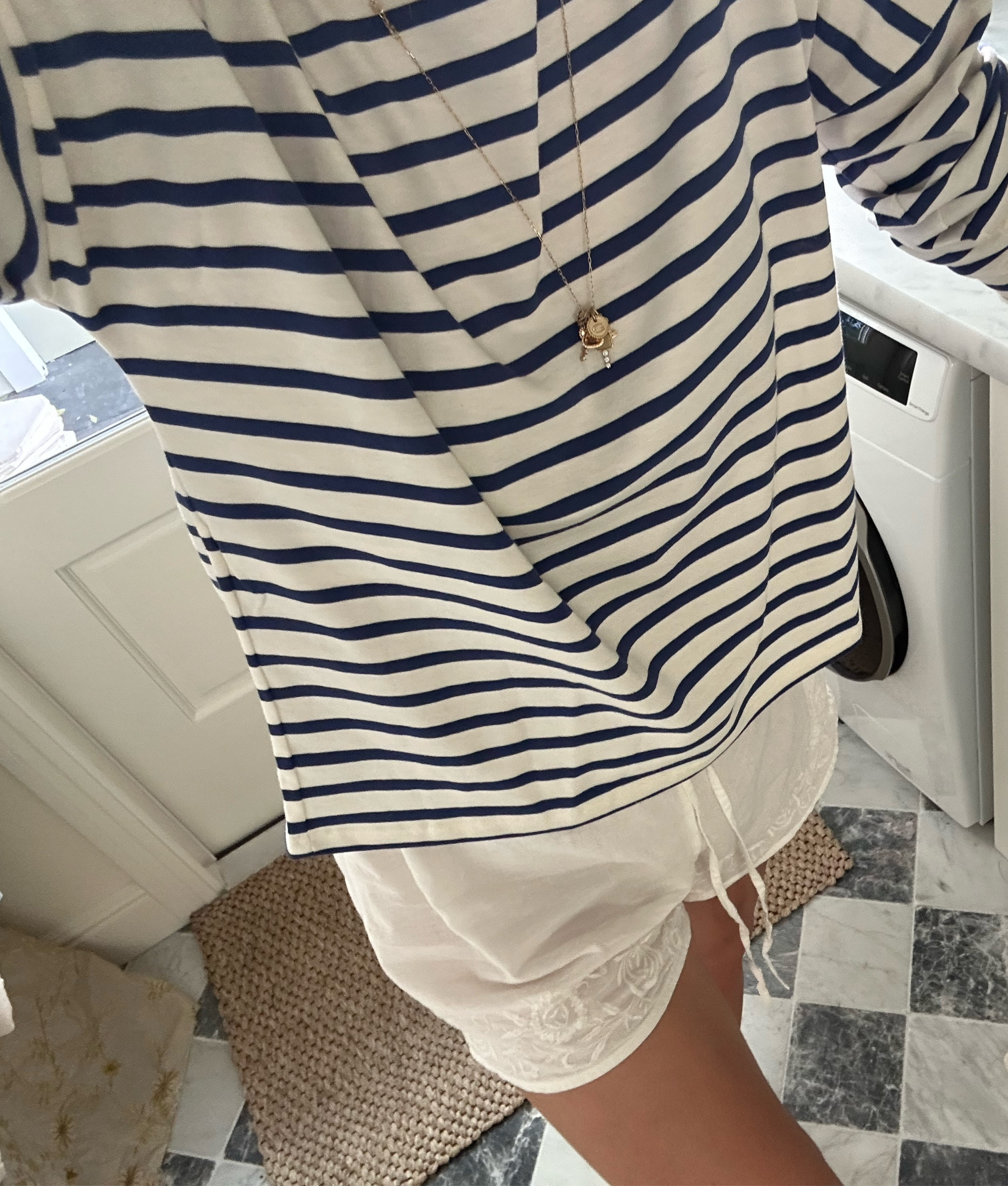 I ordered my yellow stripe in the mid blue color and the black stripe / it’s the best French-y top! I went a size up. Shorts are sold out Zara (search Zara Home for embroidered shorts they have a few styles) but saved a few other styles online that look just as good!