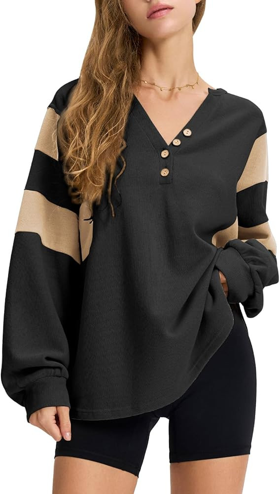 EXLURA Women's Oversized V Neck Henley Shirt Patchwork 2024 Color Block Sweatshirt Long Sleeve Bu... | Amazon (US)