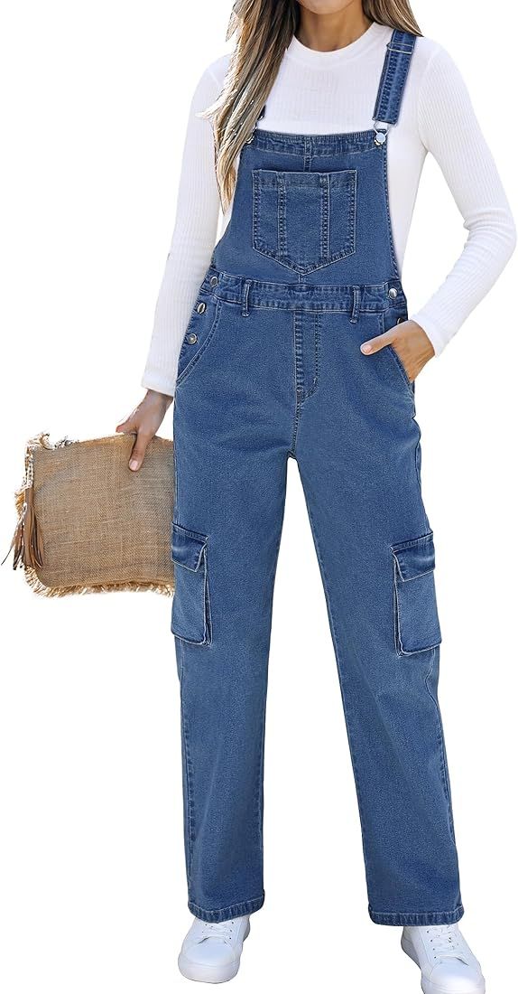 luvamia Cargo Jean Overalls for Women Wide Leg Bib Utility Stretchy Denim Jumpsuit Overall Loose ... | Amazon (US)