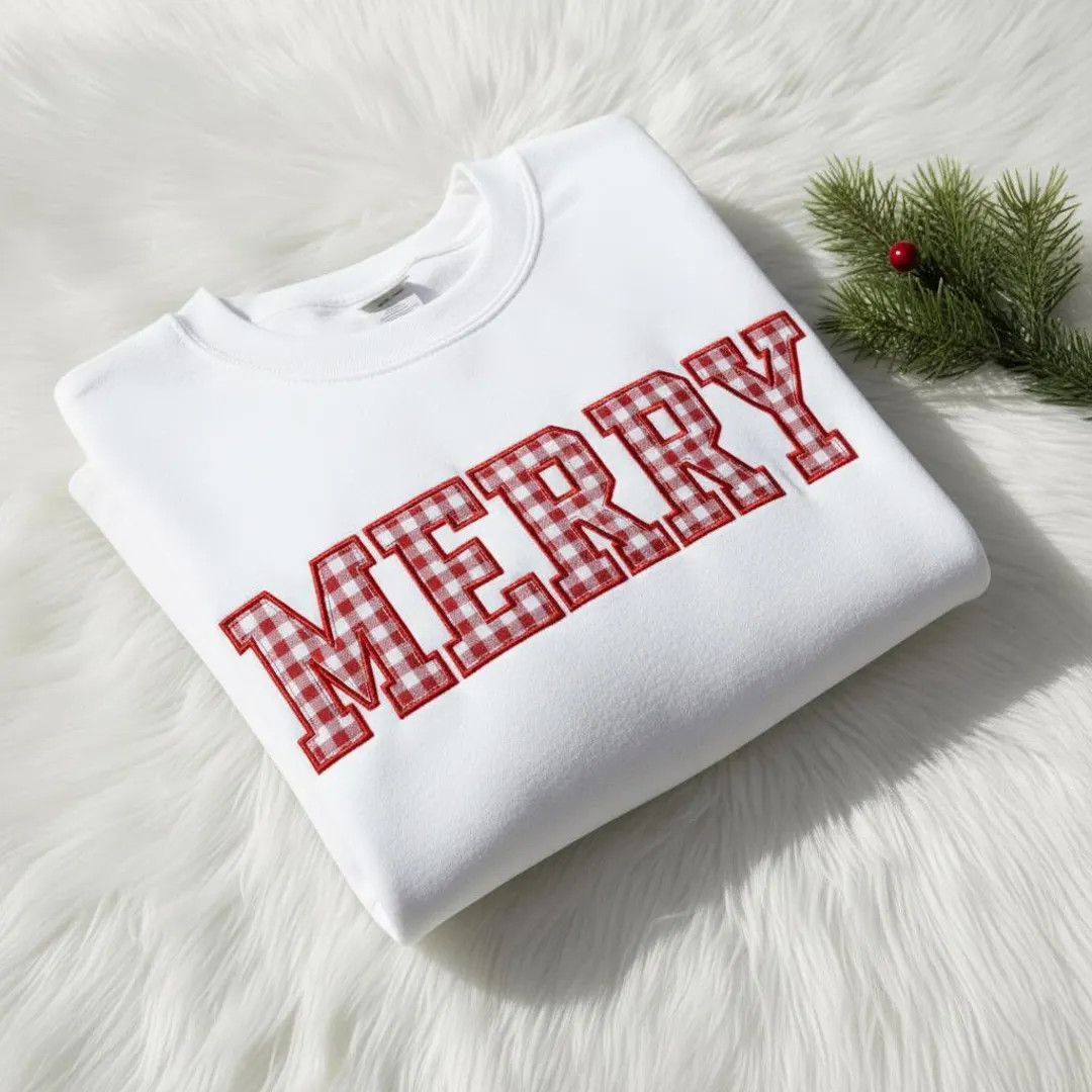 MERRY Plaid Chenille Patch Sweatshirt | Custom Holiday Gingham Lettered Crewneck - Etsy | Etsy (US)