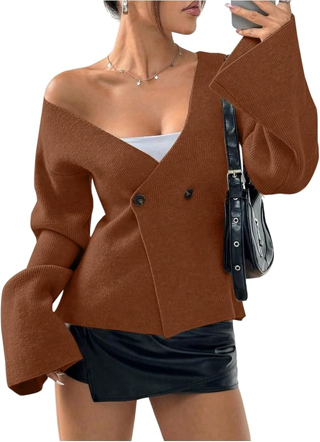 Verdusa Women's V Neck Button Wrap Cozy Cardigan Sweater Flare Sleeve Old Money Clothes | Amazon (US)