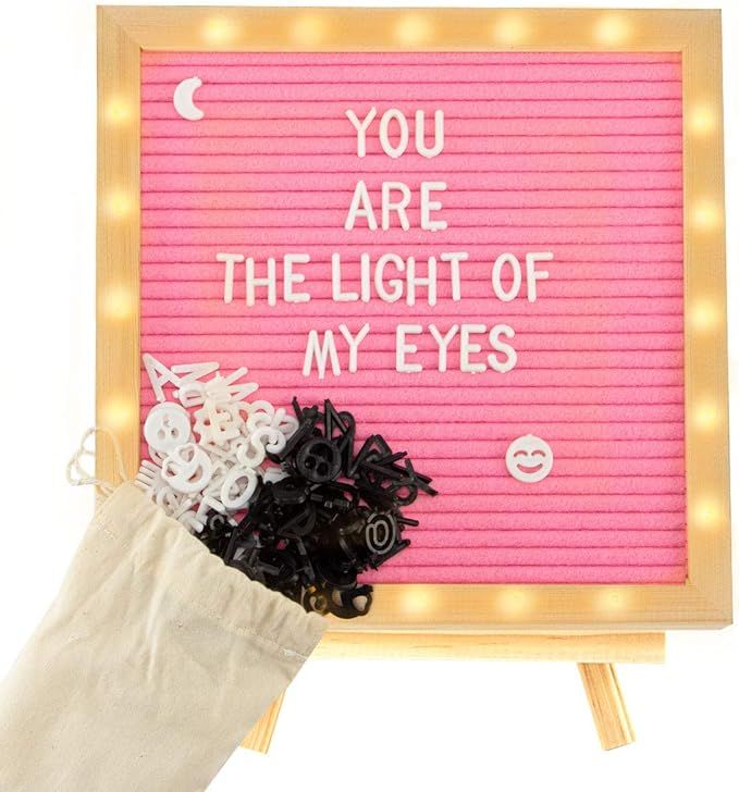 Pink Felt Letter Board with LED Lights- 10 × 10 Inch Changeable Message Board with Rustic Vintag... | Amazon (US)