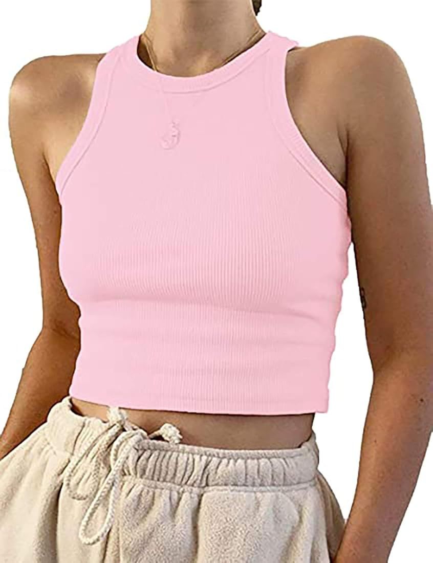 Meladyan Women's Round Neck Basic Racerback Camisole Rib-Knit Solid Sleeveless Crop Tank Tops | Amazon (US)