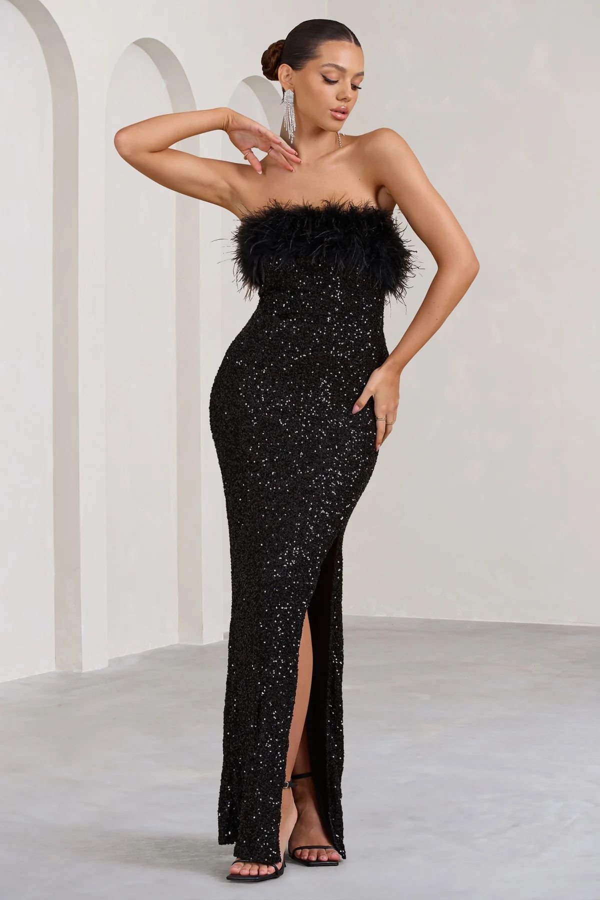 Old Money | Black Bodycon Sequin Maxi Dress With Feather Trim | Club L London