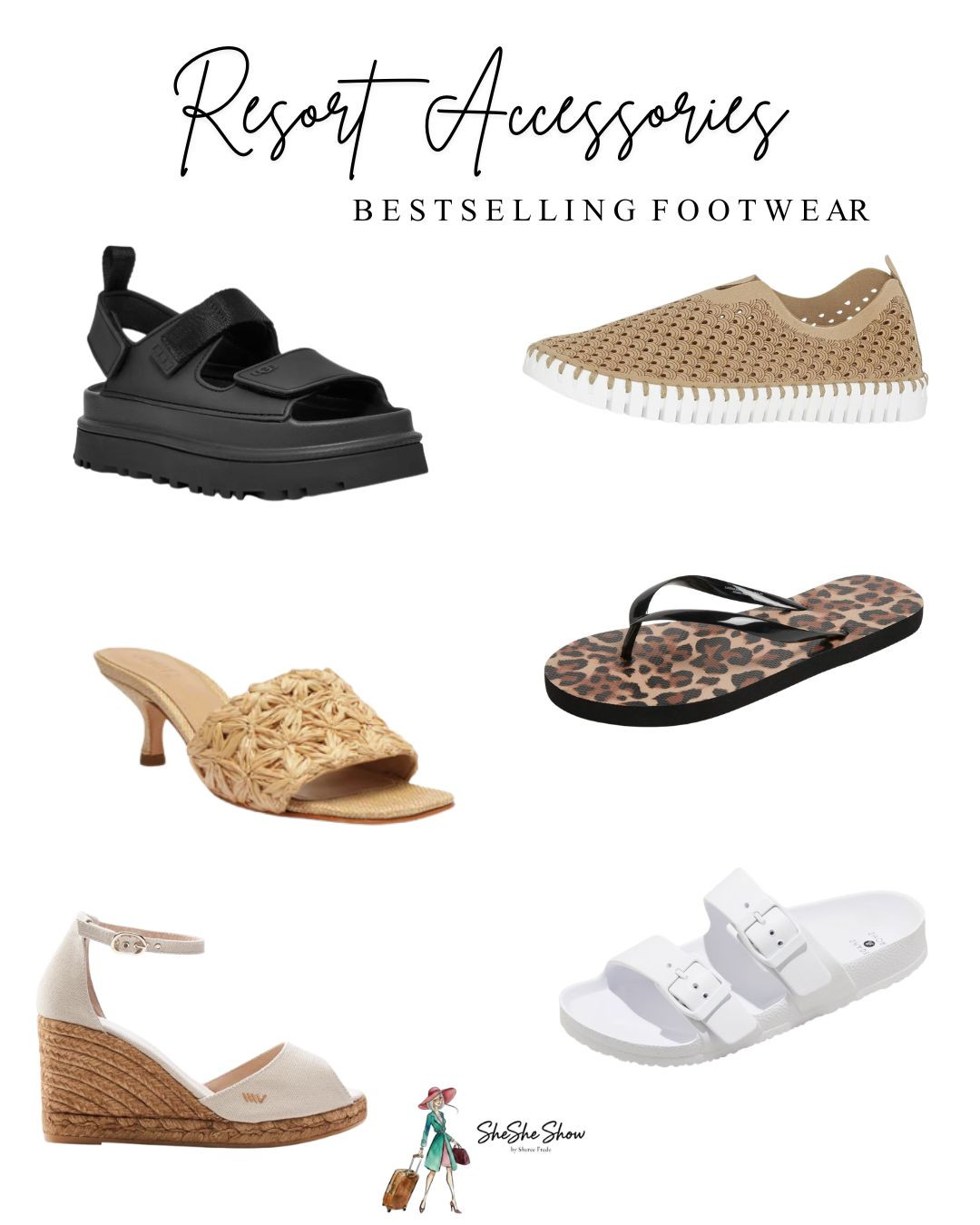 Spring summer and resort shoe, sandals and sneakers. 
Pool shoes, wedge shoes, slides, double strap sandal, slip on boat shoe

 