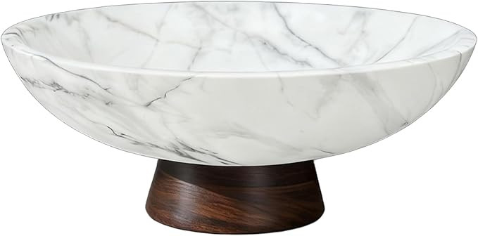 White Marble Decorative Bowl with Acacia Wood Base – 11" Modern Pedestal Fruit Bowl for Table C... | Amazon (US)