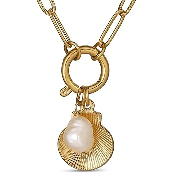 Amazon.com: 18k Gold Plated Stainless Steel Chain Link Seashell Necklace with Pearl, 18 Inch: Clo... | Amazon (US)