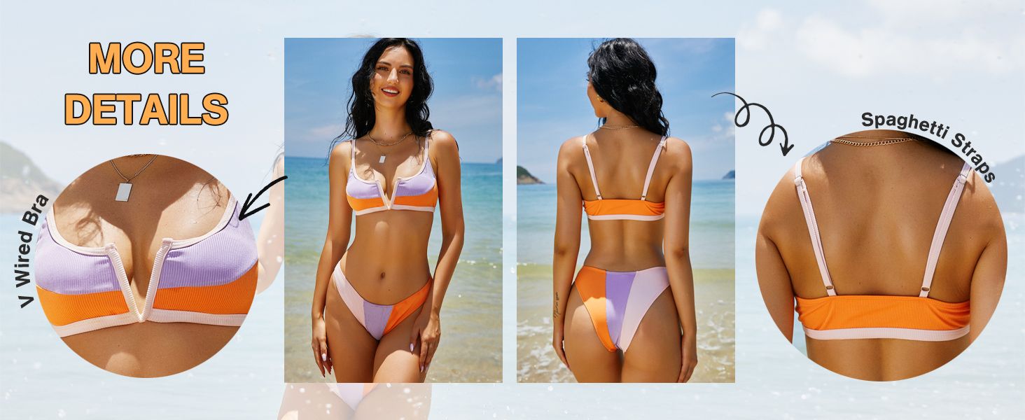 ZAFUL Women's High Cut Bikini Sets Ribbed V-Wire Cami Bikini Two Piece Swimsuit | Amazon (US)
