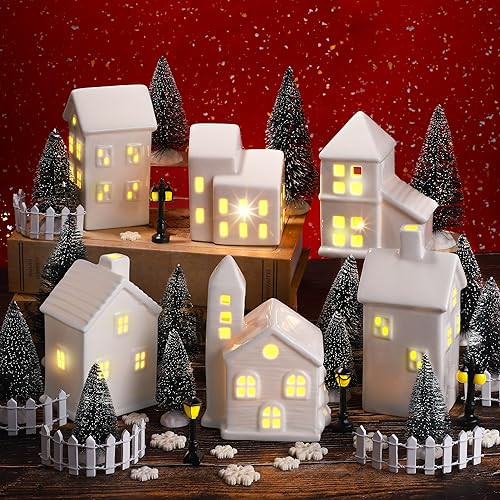 Fovths 39 Pieces LED Lighted Ceramic Winter Village Building Figurines and Accessories Desktop Ornament Set for Holiday Party Decor | Amazon (US)