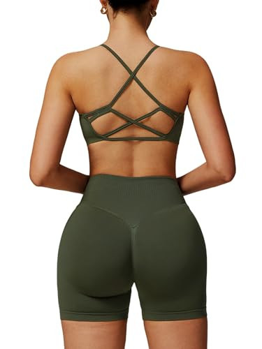 ABOCIW Workout Sets for Women Seamless High Waist Scrunch Butt Lifting Gym Impact Shorts Scoop Neck Strappy Sports Bra 2 Piece Yoga Outfits Forest Green X-Large | Amazon (US)