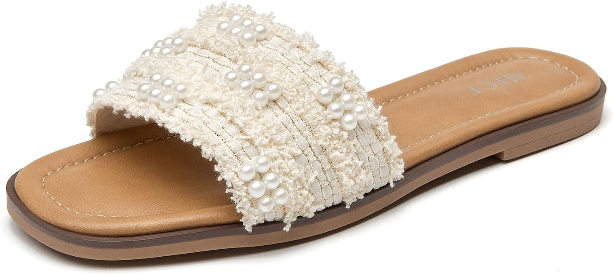 ALLOT Women's Pearls Flat Sandals Square Toe Slip On Comfortable Slides Summer Casual Beach Shoes | Amazon (US)
