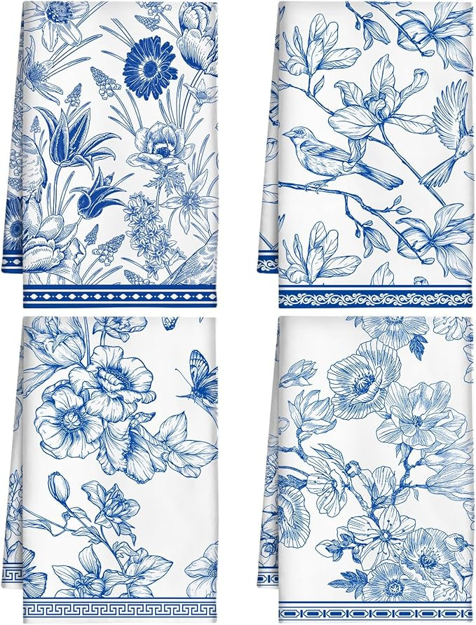 Berirexrion Chinoiserie Floral Kitchen Towels - Set of 4 Blue White Decor Tea Towels Flowers Bird... | Amazon (US)