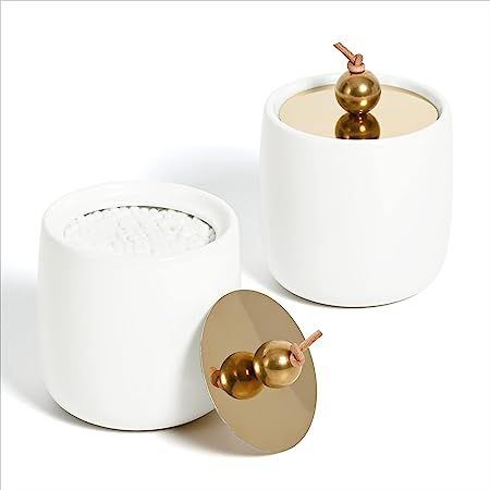 2 Pack Ceramic Qtip Holder Dispenser with Gold Lids, White Apothecary Jars Bathroom Vanity Organi... | Amazon (US)
