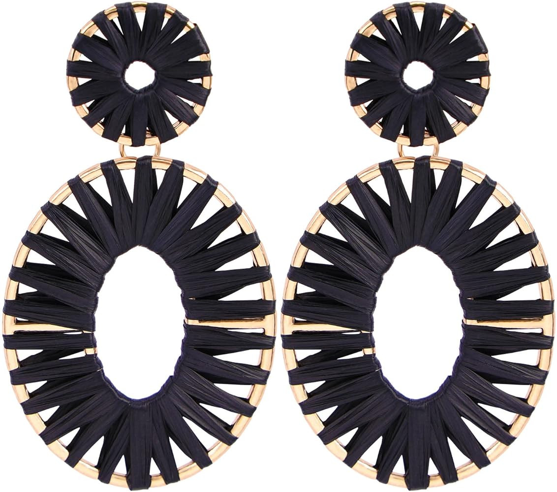 Raffia Tassel Hoop Drop Earrings Handmade Fashion Statement Jewelry for Women | Amazon (US)