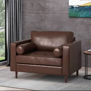 Dark Brown Faux Leather Armchair Club Chair with 2 Arm Pillows and Solid Birch Wood Legs | The Home Depot