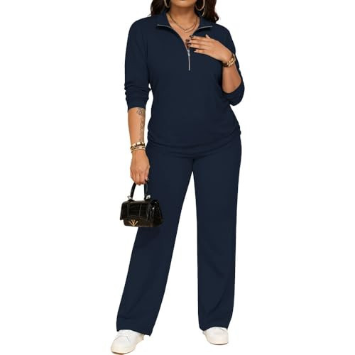 PINSV Women's 2 Piece Outfits Sweatsuit Lapel Half Zip Sweatshirts Wide Leg Pants Set Tracksuit Navy Blue M | Amazon (US)
