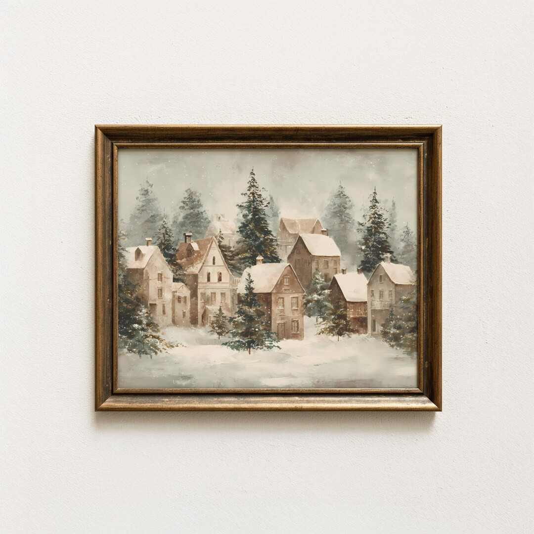 Winter Village Wall Art Printable Rustic Christmas Decor Snowy Holiday Cottage Scene Neutral Farm... | Etsy (US)